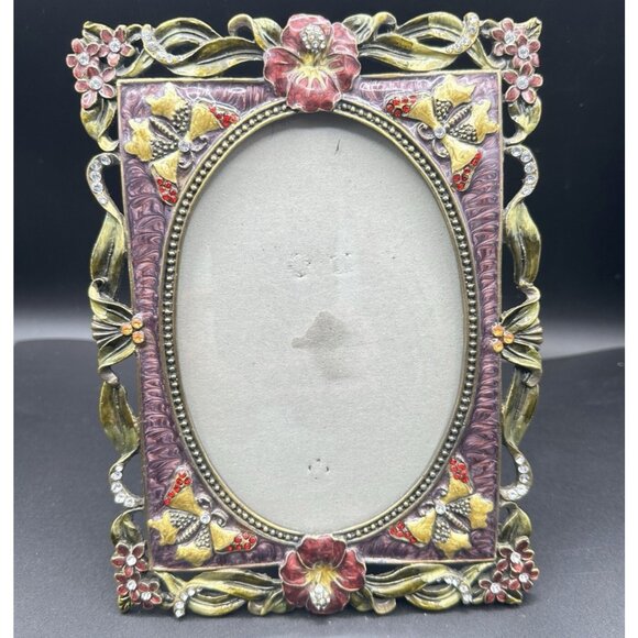 Enamel Jeweled Butterfly Flower Rhinestones Picture Frame Pier 1? Metal Purple - Picture 1 of 16